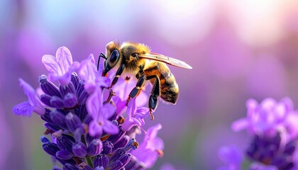 A close-up macro shot captures a bee perched on a lavender flower, its fuzzy body and wings detailed against a soft, blurred background of purple hues.