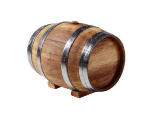 Classic wooden barrel with metal bands.