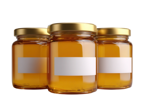 Three honey jars with blank labels.