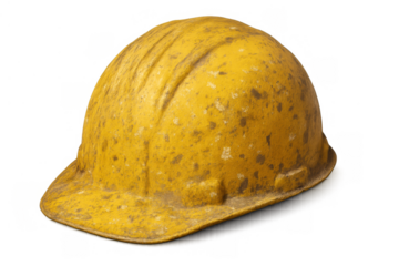 Yellow construction hard hat showing wear and tear, symbolizing safety, work, and building industry on transparent background