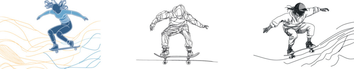A skateboarder is illustrated in a continuous one-line drawing, showcasing the modern theme of sports, with the person isolated on white, engaging in the activity for both exercise and enjoyment