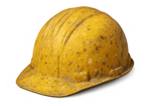 Yellow construction hard hat showing wear and tear, symbolizing safety, work, and building industry on transparent background