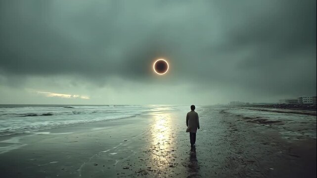 Man walks on a wet beach under a glowing ring in a gloomy sky, symbolizing a catastrophic event, video footage.