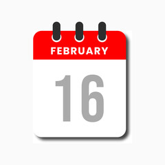 Flat minimalist February 16 calendar icon in red theme, ideal for productivity apps and planner templates.