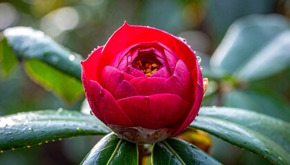 Close-up of a Vibrant Red Camellia Flower Bud.