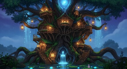 A magical, enchanted treehouse village with glowing lanterns and waterfalls nestled within a large ancient tree in a mystical forest setting at night
