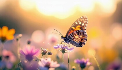 A vibrant butterfly with intricate wing patterns is perched on a small purple flower, surrounded by a field of soft-focus wildflowers bathed in warm sunlight.