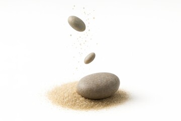 Rock stones and sand in motion small pebbles and dry grains falling toward patch on white background for geology texture nature and design themes