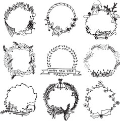 Set of Christmas Wreaths Vector Illustrations with Hand-Drawn Freehand Style