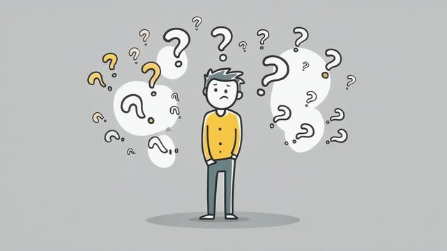Confused character with question marks, representing uncertainty and doubt in decision-making
