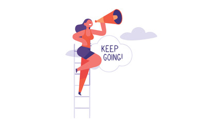 Whimsical character ascends a ladder through fluffy clouds reaching for a bright future symbolizing aspiration dreams and personal growth in a vibrant colorful illustration