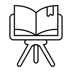Book with bookmark on tripod stand thin line icon, book festival concept. Vector graphics. Textbook presentation, promotion sign on white background, style icon mobile or web design.