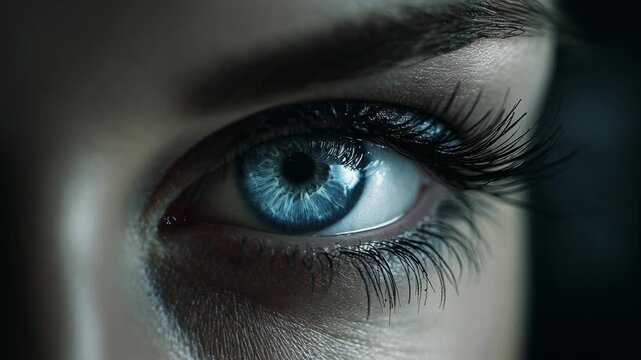 Close-up of a stunning blue eye with detailed eyelashes and intricate iris patterns for beauty and photography projects
