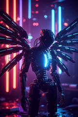 the generated image.  mechanical neon cyborg angel	