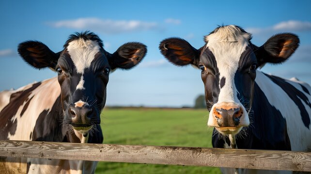 Two curious black and white holstein friesian cows with wet noses peer over a wooden fence in a sunny green pasture under a blue sky - Powered by Adobe