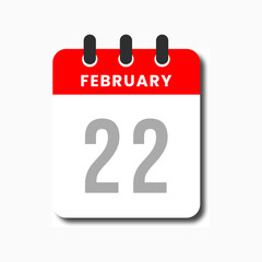 Minimalist flat vector of February 22 red calendar icon, perfect for planner apps and productivity dashboards.