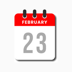 Flat red February 23 calendar icon in modern style, ideal for scheduling tools and planner UI layouts.