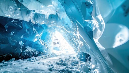 A view from inside a natural ice cave, illuminated by bright sunlight filtering through the translucent blue ice formations.