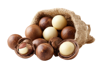 Natural nuts spilled from a burlap sack