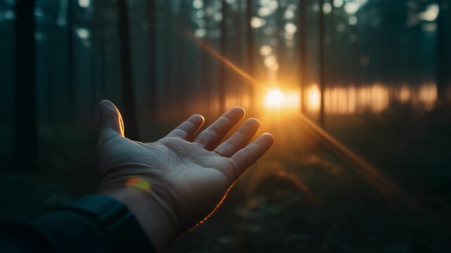 Captivating sunset in a serene forest with an outstretched hand reaching toward the golden light