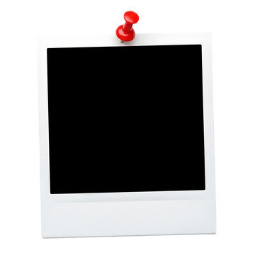 Blank instant photo frame pinned with red thumbtack isolated on transparent background