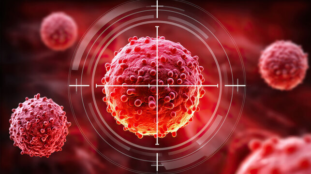 T cell with glowing edges aiming at cancer cell, immune cell targeting tumor under red background with crosshair and microscopic detail, dynamic intense medical concept