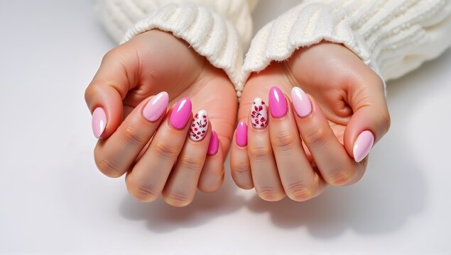 Female hands with pink and white almond-shaped nails and floral nail art, shown in close-up on a white surface and cozy sweater. - Powered by Adobe