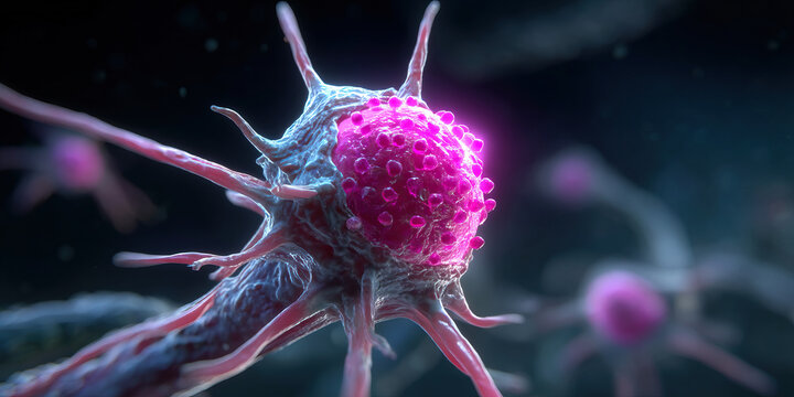 Immune cell t cell attacking pathogen with glowing surface receptors, microscopic medical illustration showing cellular interaction and biological defense in vibrant pink and blue lighting