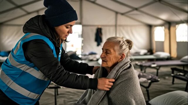 Woman volunteer helps elderly woman with a blanket inside a tent shelter, providing refugee disaster relief footage