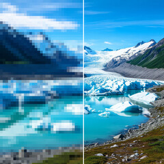 Comparing low resolution pixelated digital image with high definition details of glacier, mountains lake, showing visual transformation from blurred to sharp quality enhance upscale increase ai app