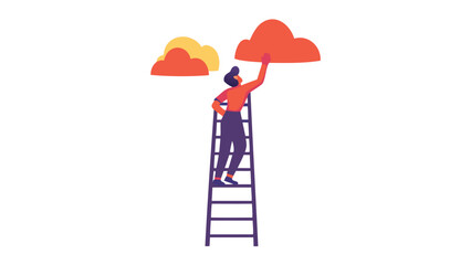 Creative character on a ladder painting colorful clouds symbolizing aspiration imagination and artistic expression for banners and advertisements