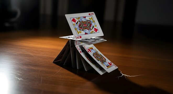 A deck of playing cards arranged in a pyramid structure on a wooden surface with a dark background, showcasing the game of card stacking or solitaire