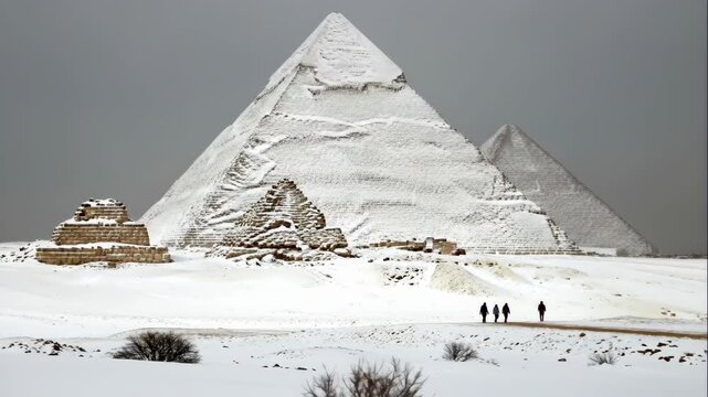 Pyramids and ancient structures covered in snow in an unexpected winter weather event with people walking, climate change concept.