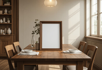 Cozy dining room with wooden table, empty picture frame, natural sunlight and minimal tableware creating warm homely atmosphere perfect for lifestyle and interior themes
