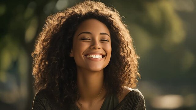 Joyful woman with curly hair smiling in natural light, capturing happiness and positivity in outdoor setting