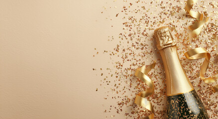A gold-foiled champagne bottle lies on a beige surface, surrounded by scattered metallic confetti and curled golden ribbons.