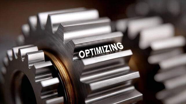 Close-up of metallic gears with the word 'optimizing'. - Powered by Adobe