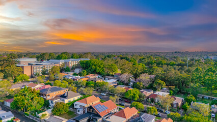 Aerial Panorama Drone View of a inner western Sydney Suburb of Ashbury Urban Sprawl and the terracotta roof tops streets and trees of Suburban Sydney  NSW Australia