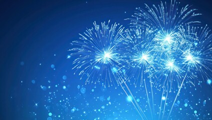 Vibrant blue fireworks exploding against a dark sky with sparkling bokeh lights, perfect for festive celebrations and holiday designs