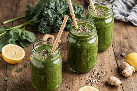 Smoothies verdes en frascos con semillas y pajillas ecol&oacute;gicas