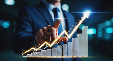 Businessman Touching Digital Screen Showing Glowing Upward Business Growth Graph and Bar Chart Corporate Hand Interacting with Financial Data, Investment Success, and Profit Forecast