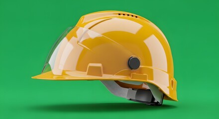 A yellow construction helmet with a clear visor resting on a vibrant green background, symbolizing safety and protection in the construction industry