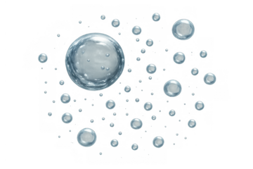 Numerous translucent water bubbles floating upwards, illustrating concepts like innovation, freshness, and lightness