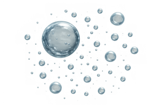 Numerous translucent water bubbles floating upwards, illustrating concepts like innovation, freshness, and lightness