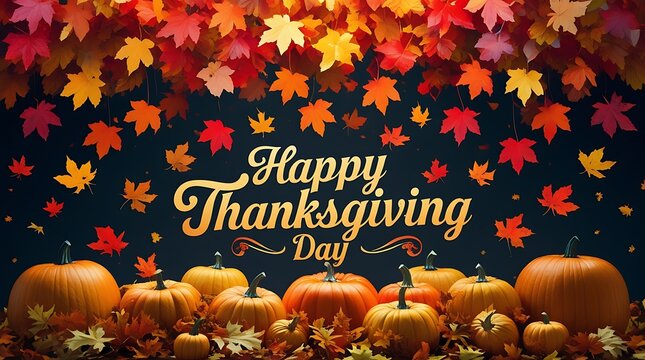 Happy thanksgiving day with pumpkins and colorful autumn leaves decoration.