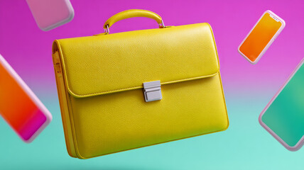 Yellow briefcase with phones on vibrant gradient background.