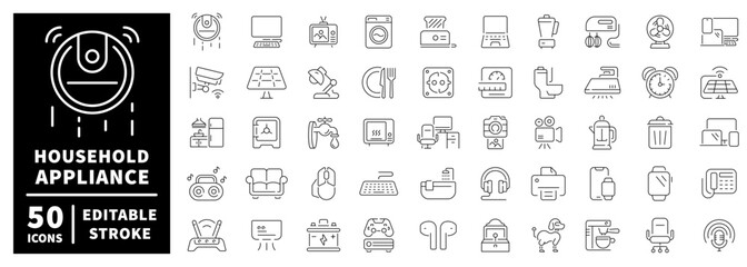 Household appliance icons set. editable line icons, flat, kitchen and home devices