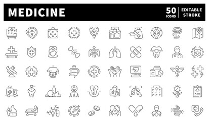 Medicine icons set. editable line icons in outline style, healthcare symbols