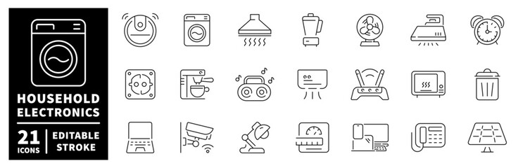 Household electronics icons set. linear, editable line icons for home appliances