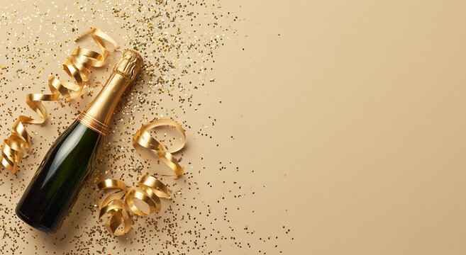 A champagne bottle with gold foil and curled golden ribbons surrounded by scattered gold confetti on a beige background.